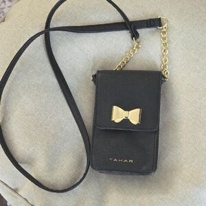 Tahari Black Crossbody Bag with Gold Bow Accent